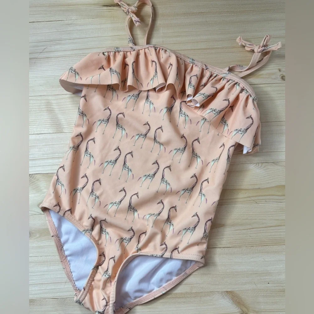 Boutique Giraffe Swimsuit Girls 3T Ruffle One Piece Neutral Safari Beach Cute